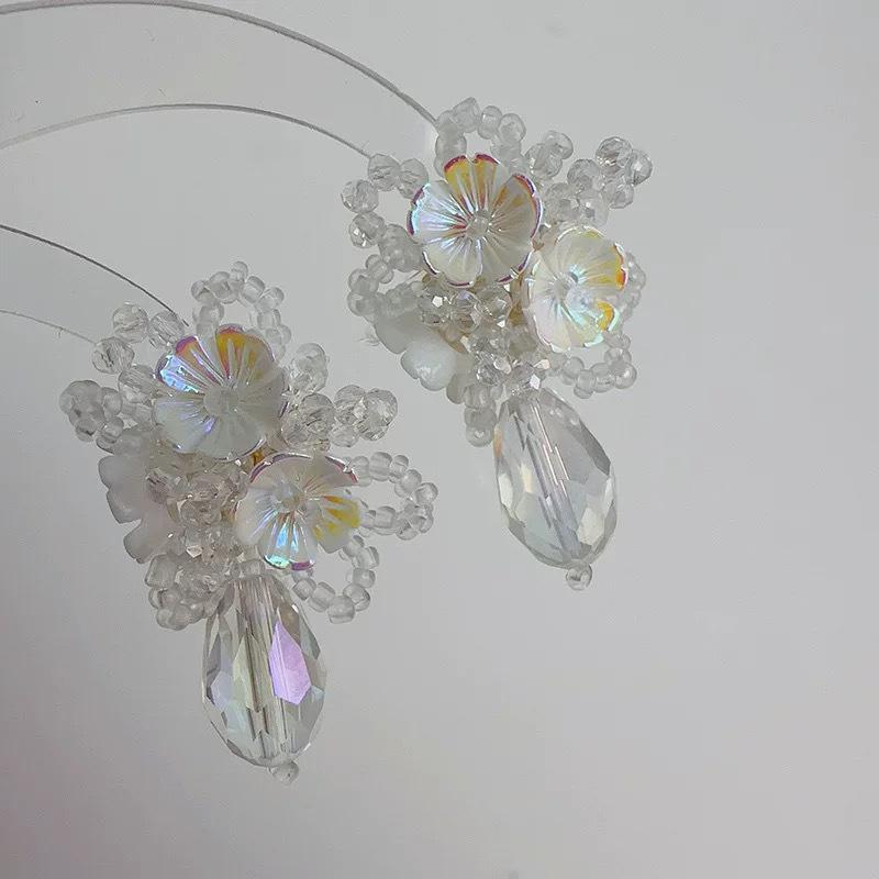 Premium Niche Light Luxury Pierced Earrings Exquisite Handmade Beaded Woven Flower Crystal French Retro Banquet Dangle Jewelry