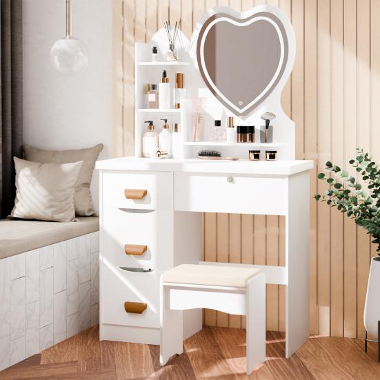 Makeup Vanity Desk with LED Lighted Heart-shaped Mirror, Vanity Table with 4 Drawers and Opening Shelves, Bedroom Dressing Table with Stool