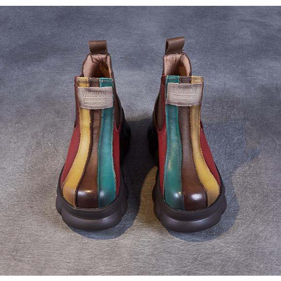 Johnature Rainbow Genuine Leather Short Boots Chelsea Wedge Heel Thick Soled Waterproof Women's Boots