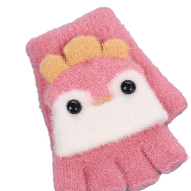 Children's Gloves Autumn and Winter Warm Half-finger Flip Cartoon Cute Knitted Fingerless Baby Plus Velvet and Thickening for Men