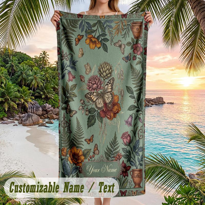 Butterflies Flowers Garden 14 Theme Quick Dry Beach Towel Custom Name Text Print Large Sand Resistant Towel Beach Vacation