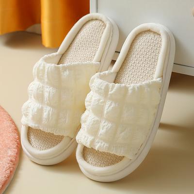 Женские домашние тапочки с открытым носком и перекрестными полосками на льняной подошве. Домашние тапочки с нескользящей льняной подошвой. Тапочки для ванной комнаты.