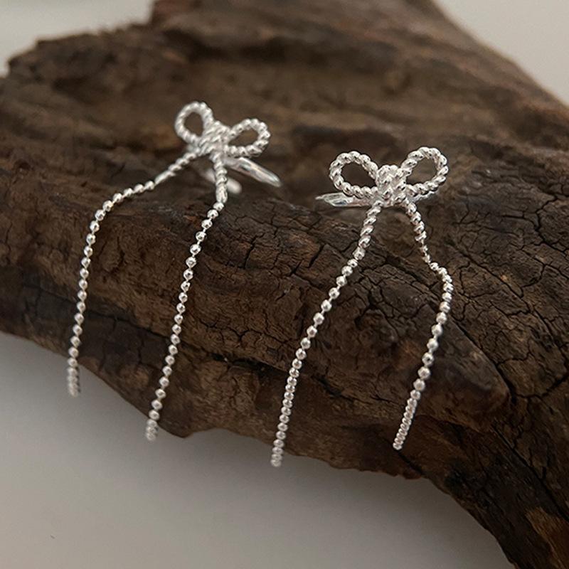 Bow Tassel Ear Clips, Sweet Personality And Thin Round Bead Chain, Ear Bone Clips, Long Earrings Without Piercings, Women