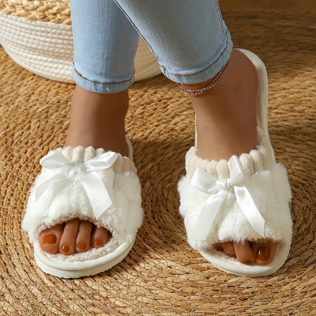 Новые теплые тапочки с бантом, повседневные плюшевые туфли с открытым носком, удобные домашние тапочки