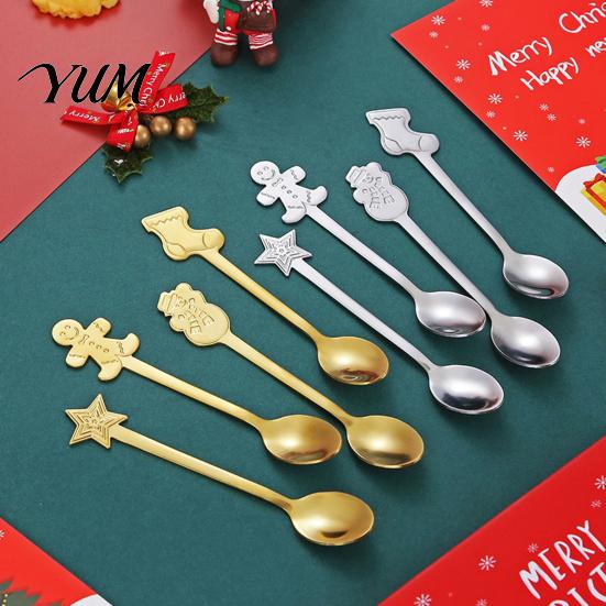 Coffee Bar Accessories 4Pcs Christmas Dessert Spoons, Stainless Steel Spoons with Gingerbread Small for Cakes Yogurt Man Star Stocking Snowman Handle,