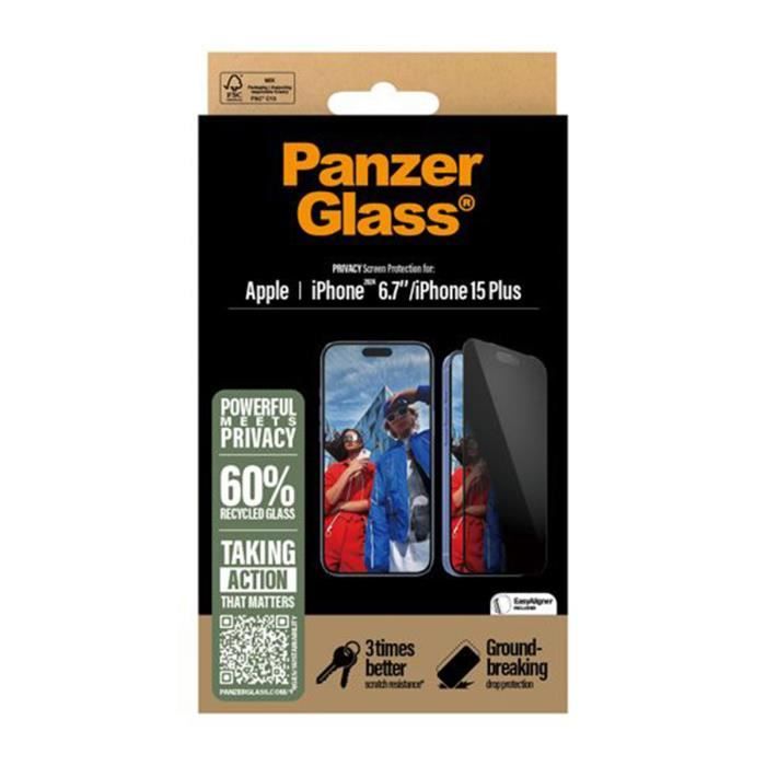 Protection d'Écran Pour iPhone 16 Plus UWF Avec Filtre De Confidentialité Panzer Glass Noir Transparent