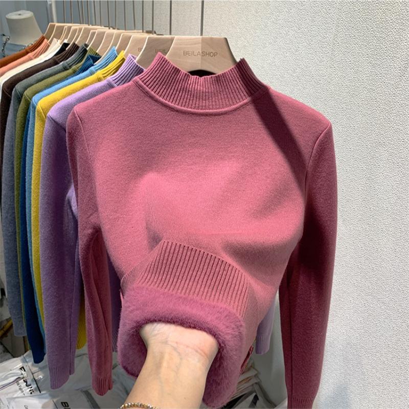 Свитер-пуловер из бархата с полувысоким воротом для женщин, осенне-зимний, толстый, плюшевый, теплый, вязаный, женский, винтажный, облегающий, повседневный, вязаный джемпер 25271
