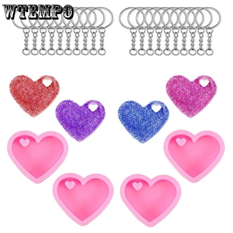 WTEMPO Heart-Shaped Keychains Kit Silicone Molds Bags Hanging Decoration Making Molds DIY Epoxy Molds with Keyrings for Beginners & Adults