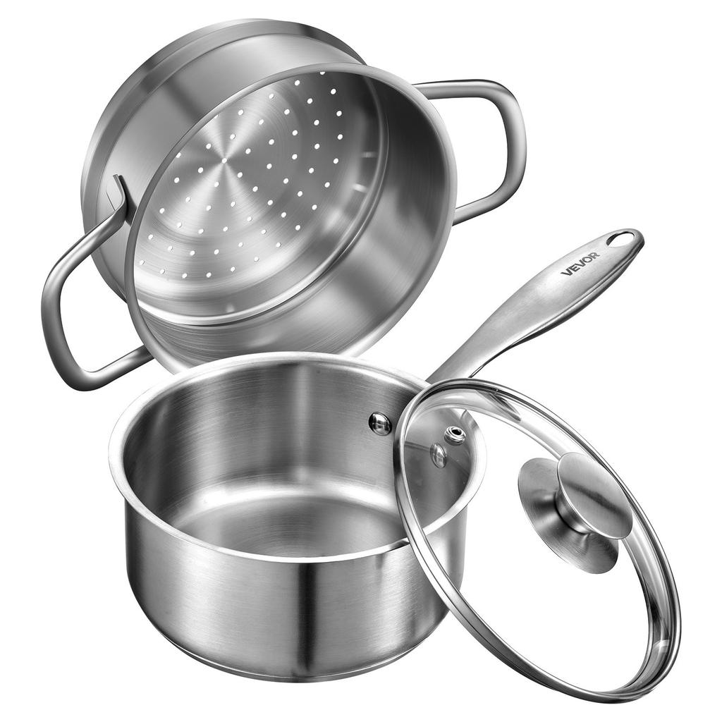 VEVOR 1.5 QT Saucepan with Steamer, Stainless Steel Saucepan with Glass Lid, Multipurpose Nonstick Stainless Steel Sauce Pot with Ergonomic Handle