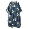 Blue Pomegranate Print Cotton Linen Tea Dress with Frog Buttons