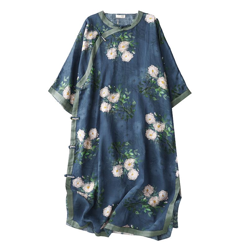 Blue Pomegranate Print Cotton Linen Tea Dress with Frog Buttons