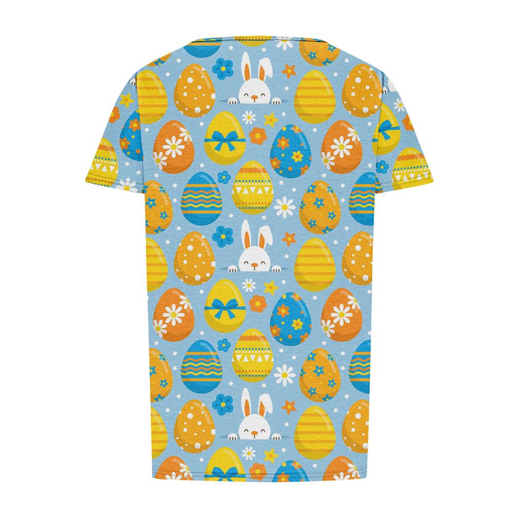 Ladies' Easter Printed Casual Pleated Round Short Sleeved T-shirt Top