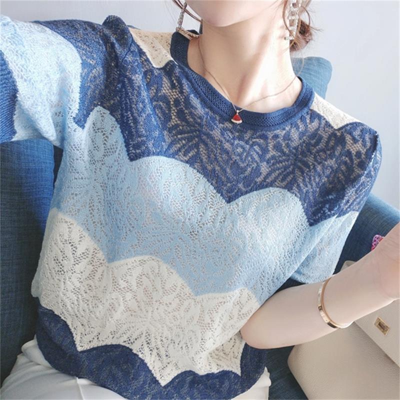 Футболка женская трикотажная Ice Silk с короткими рукавами, тонкая летняя свободная ажурная футболка, женский топ