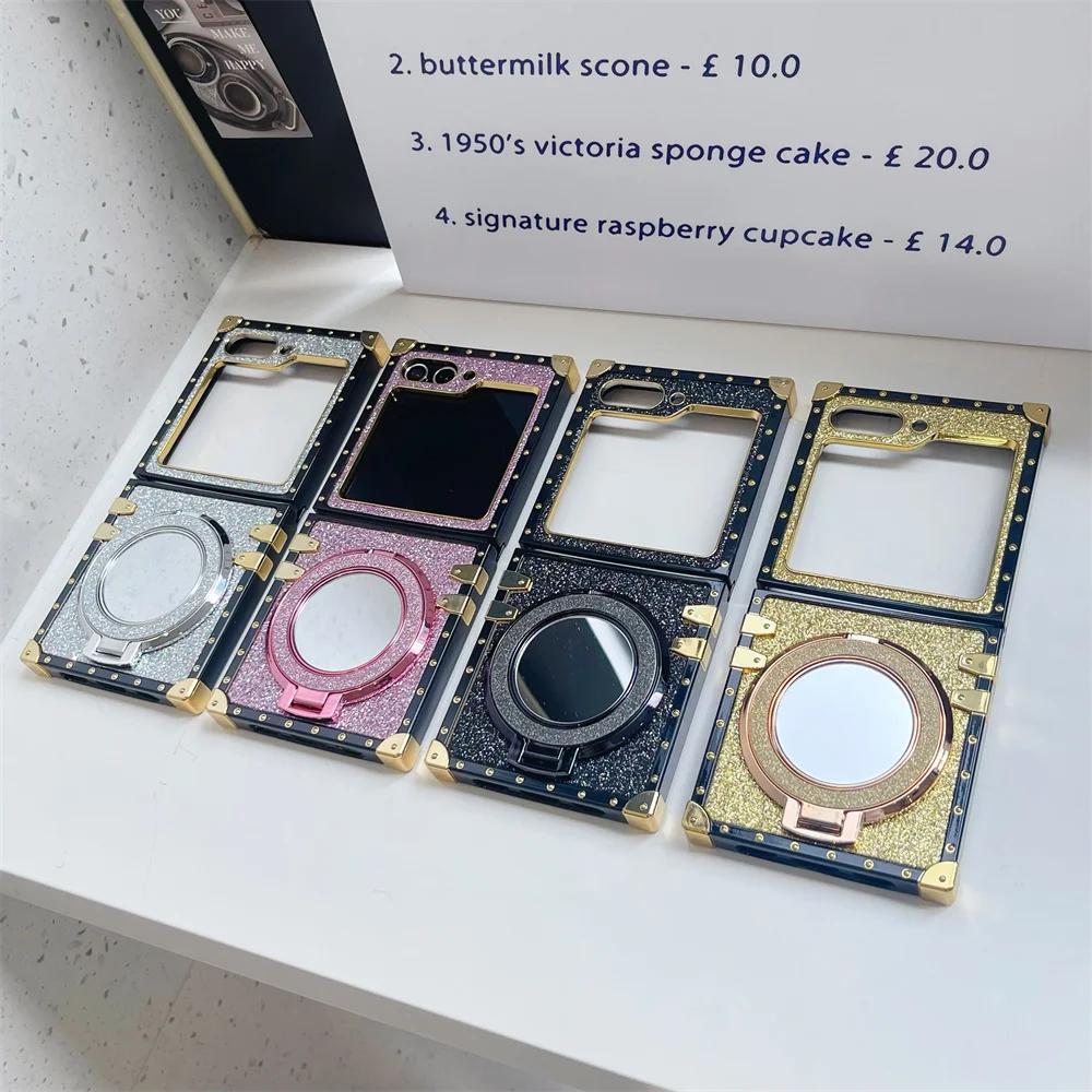 Блестящий милый девчачий чехол для телефона с зеркалом и магнитной подставкой-держателем для Samsung Galaxy Z Flip 6 5 4 3 5G, задняя крышка