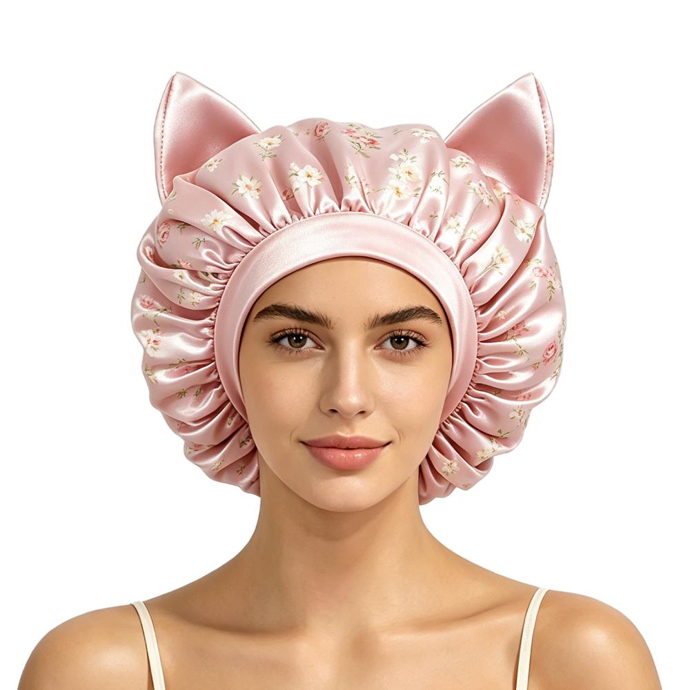 Elastic Band Cat Ear Sleep Cap Breathable Hair Protection Hat New Satin Hair Bonnet Night Sleep