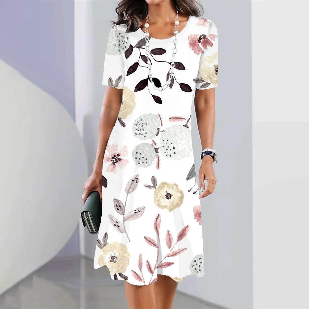 Платье модное женское летнее белое платье с круглым вырезом и короткими рукавами с принтом повседневное Vestidos свободное платье макси элегантное для дам
