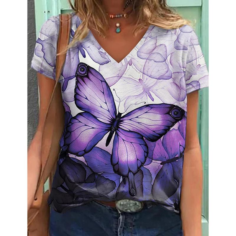 Летняя мода Цветочные бабочки 3D принт футболка женская уличная одежда повседневные футболки Y2k топы женские футболки с V-образным вырезом свободные размеры одежда