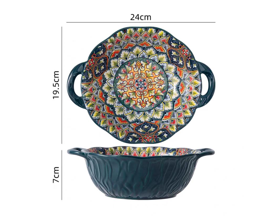 Керамическая суповая миска в богемном стиле с ручкой, безопасна для использования в микроволновой печи, рельефный дизайн. Отлично подходит для подачи супов, салатов и лапши рамэн.
