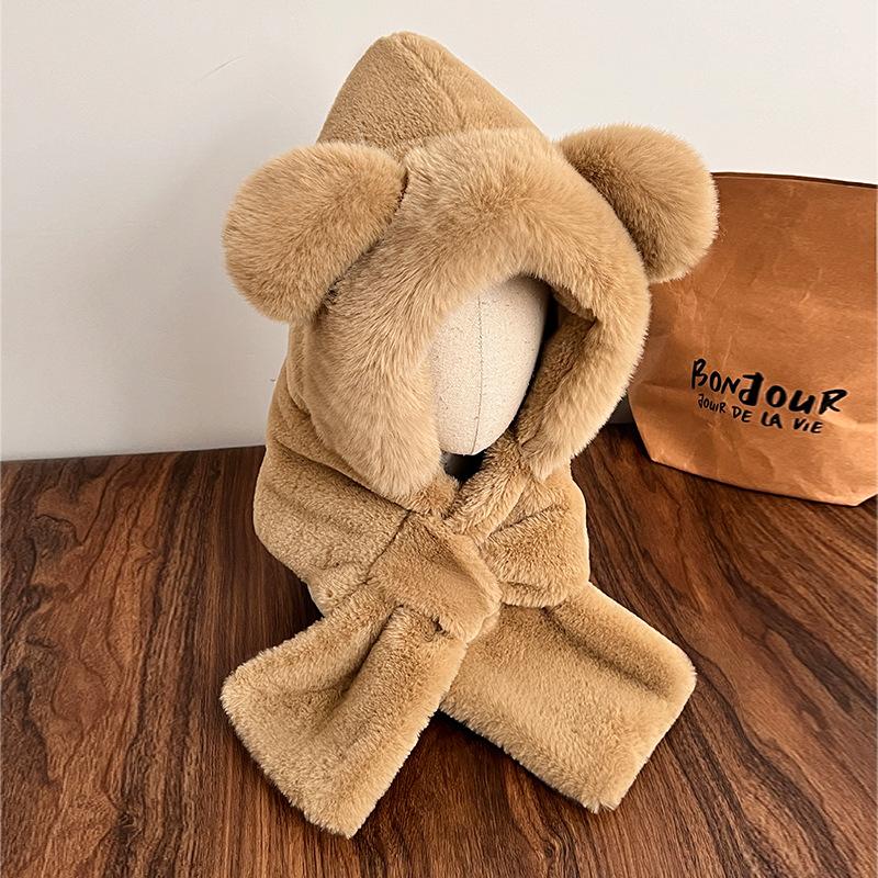 Шапка-медведь, шарф, интегрированный осенне-зимний плюшевый утолщенный шарф, симпатичная защита ушей, теплая зимняя шапка, защищающая от холода