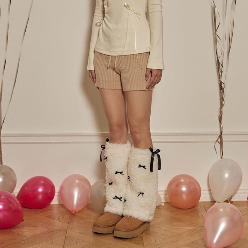 Bow Furs Leg Warmer Winter Furry Long Boot Cuffs Fuzzy Shoe Cover Party Costume for Holiday Festival Performances Play