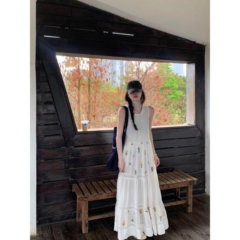 Kumikumi Elegant Floral Dress Women Summer Holiday Style Sleeveless Vest Dress Lace Stitching A Word Long Dress