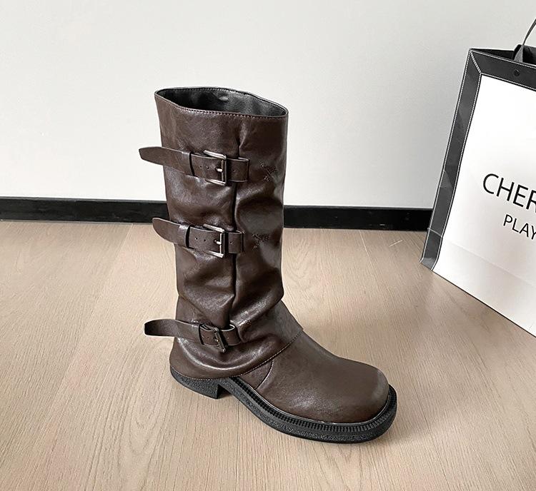 Cowhide version of long boots women's thick-soled heightening niche pleated trouser boots 2025 new mid-tube western knight boots.