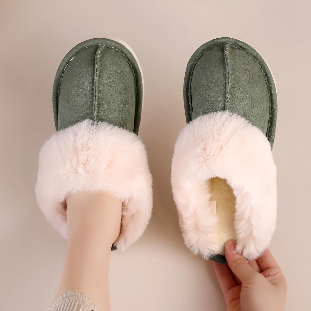Solid Color Home Warm Slippers, Soft Sole Platform Plush Lined Backless Shoes, Round Toe Indoor Fluffy Shoes