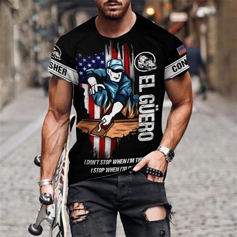 Футболки в стиле плотницкого узора для мужчин, рабочая одежда, летние повседневные топы с коротким рукавом и 3D-принтом, размер 6XL, свободная мужская футболка с круглым вырезом