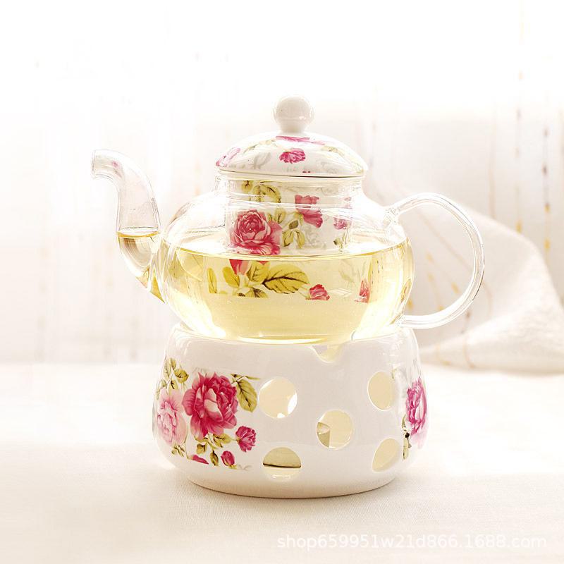 English Light Luxury Floral Teapot Set with Candle Heating Base - Heat-Resistant Glass for Afternoon Tea