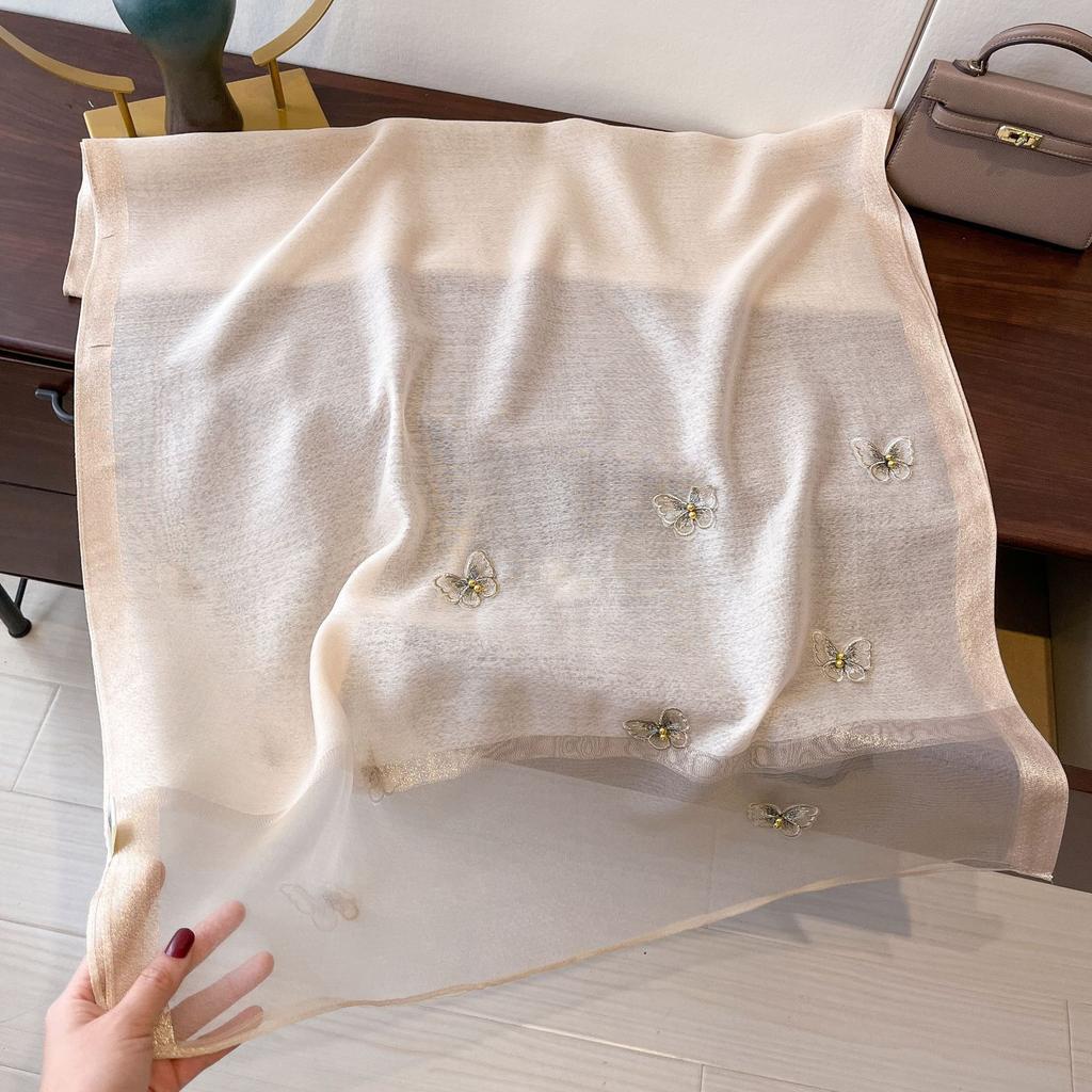 New Butterfly Embroidered Beads Fashionable Scarf for Women's Sun Protection and Windproof Temperament Shawl Thin Imitation Silk Scarf