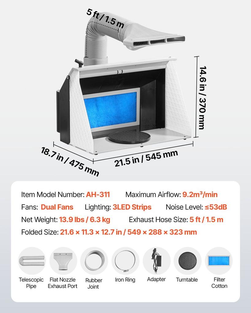 Airbrush Spray Booth, Dual Fans, 545 x 475 x 370 mm, Portable Hobby Airbrush Paint Spray Booth Kit with 3 LED Lights and Exhaust Extension Hose, for