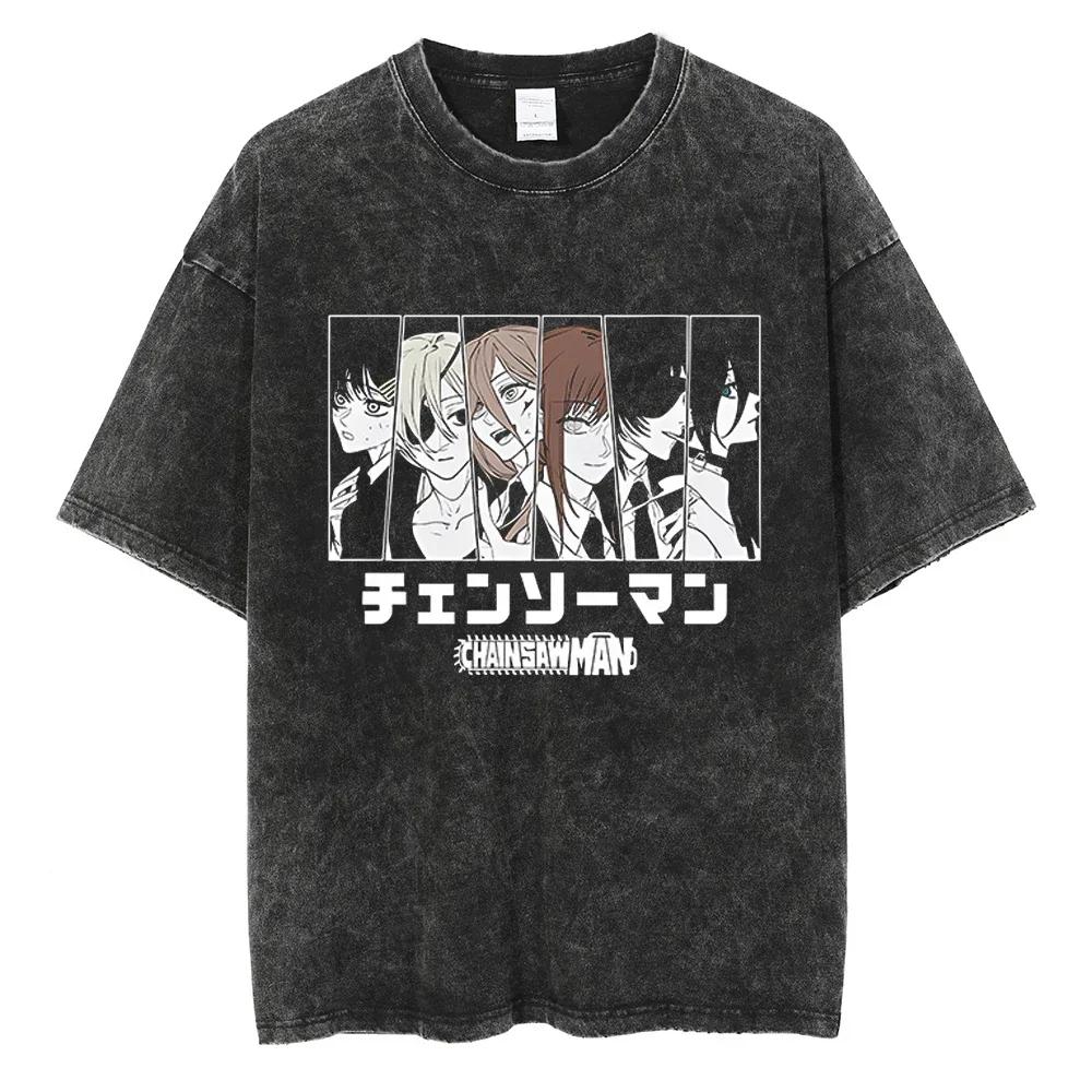 Anime Chainsaw Washed Short Sleeved Round Neck Yk Tshirt Ropa Hombre Men Clothing New in Top Tees Mens TShirt Camisetas