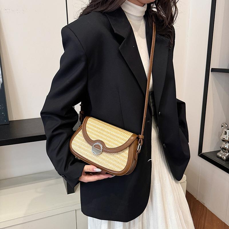Summer Straw Bag Women's New Trendy Woven Saddle Bag Simple Style Versatile Shoulder Crossbody Beach Bag KTB