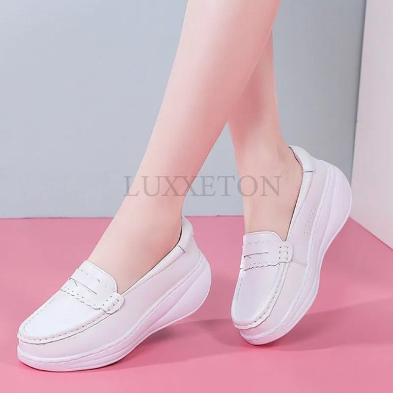 Туфли медсестры из натуральной кожи, женские, дышащие, с мягкой подошвой, медицинская обувь, обувь на толстой подошве, весна-осень, туфли-бисквит