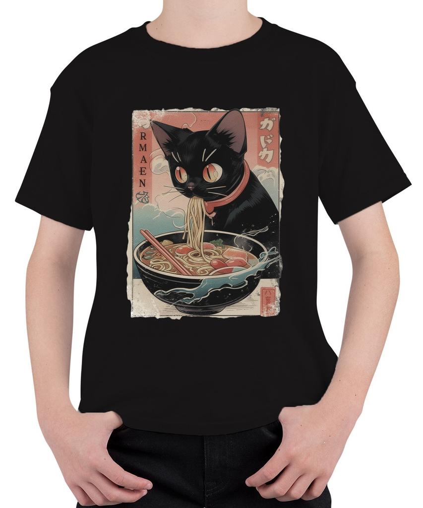 RMAEN Ramen Black Cat Eating Japanese Noodles Kawaii Japan Manga Kids T-Shirt