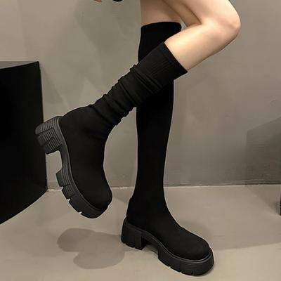 Женские высокие ботинки на платформе, дизайнерские зимние туфли, плоские ботфорты выше колена, модные ботинки-носки 2025, новые уютные платья, челси, ботильоны для женщин