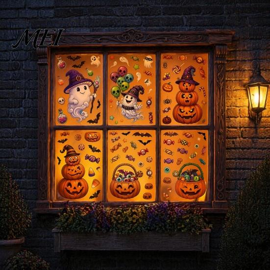 Decorative Window Posters Halloween Cartoon Cling Stickers, Ghost Pumpkin Candy Glass Decals, Self-Adhesive Removable Indoor Festive Scene Setters Art