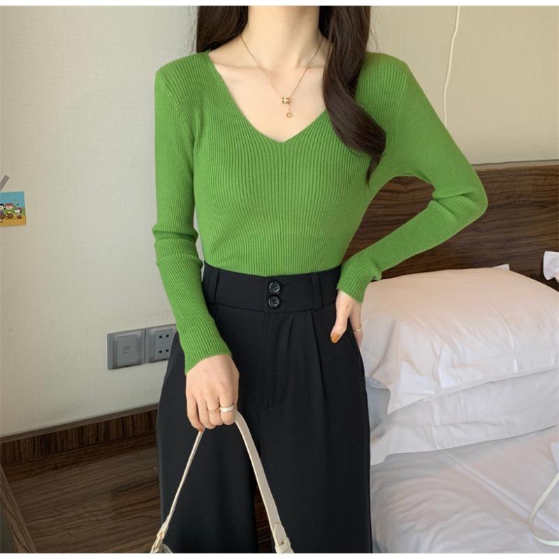 Новый V-образный вырез, облегающий, универсальный, короткий, однотонный, с длинными рукавами, свитер, вязаный снизу, свитер для женщин