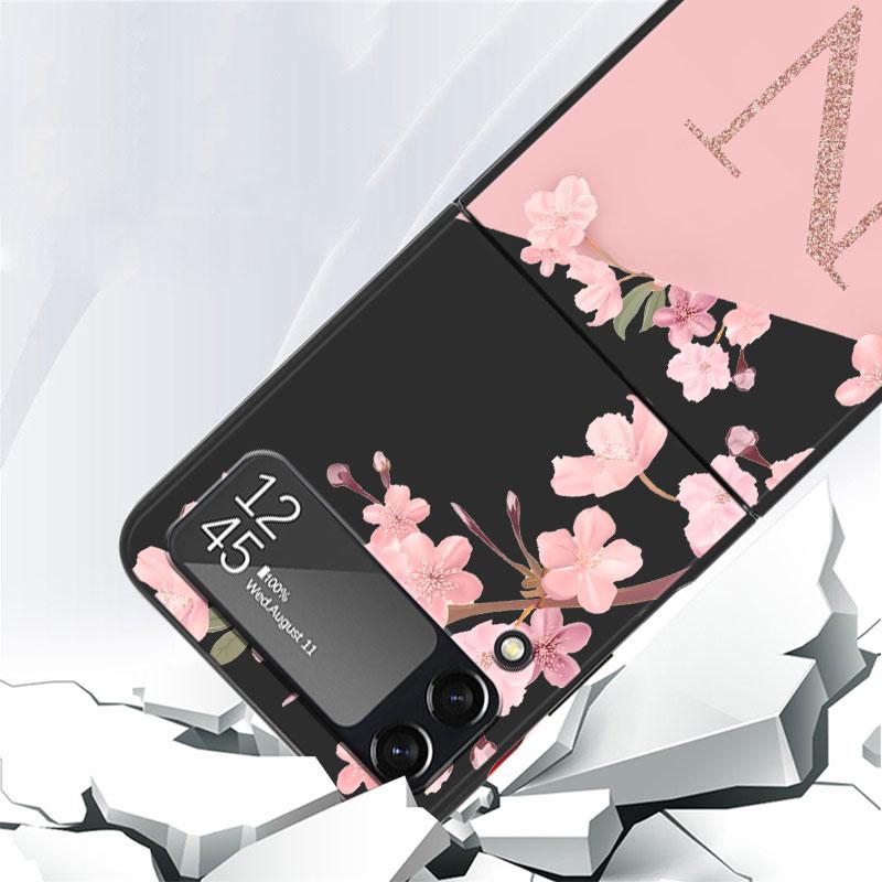 Цветочное письмо Розовый Модный Инициал M N R Чехол Для Samsung Galaxy Z Flip 3 4 5G Funda ZFlip 3 Черный ПК Жесткая Задняя Крышка Телефона Capas