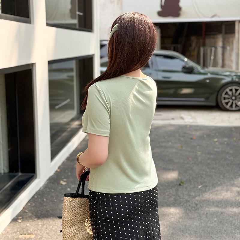 Large size niche design drawstring T-shirt women's summer new thin V-neck pullover top 232104