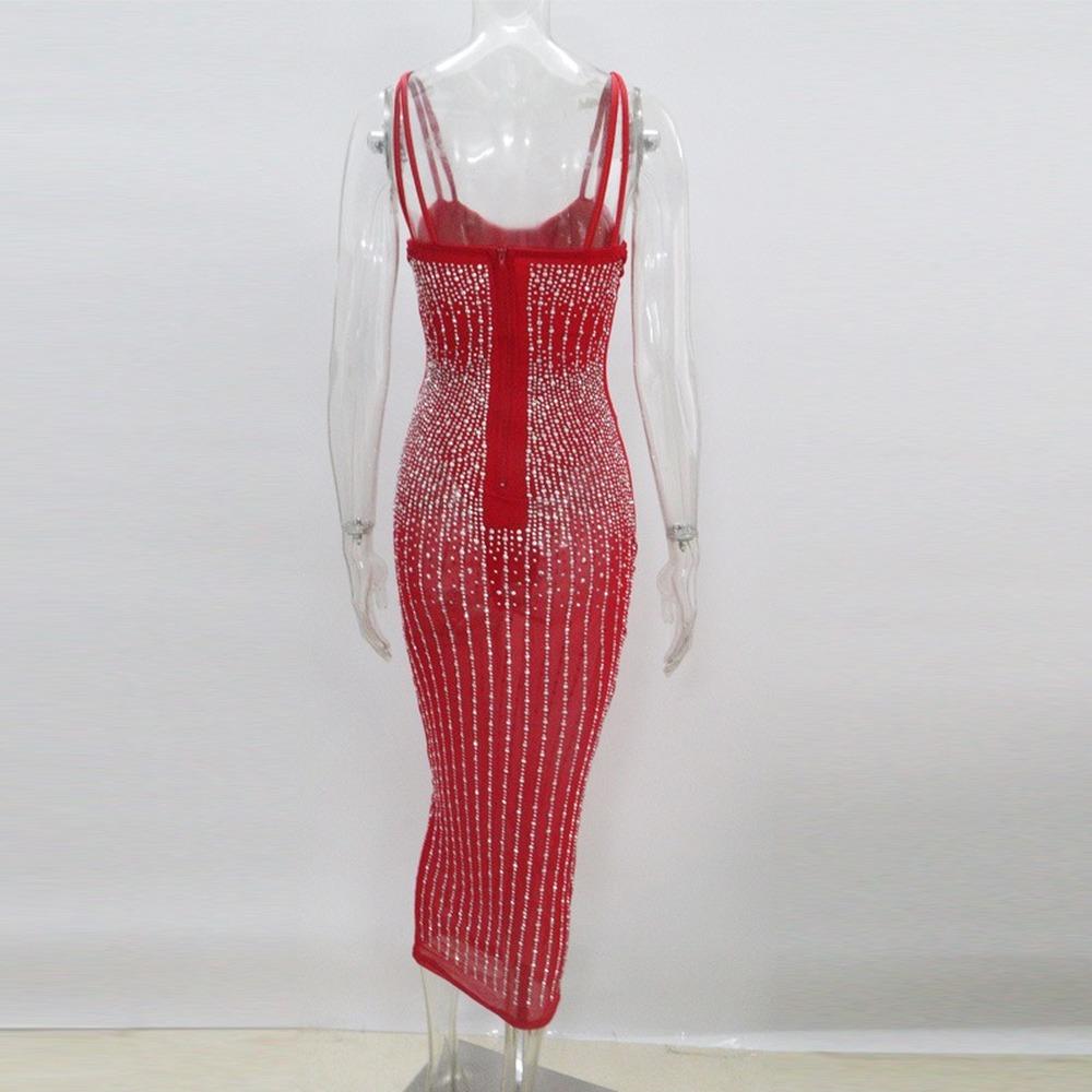 Sexy Sequin Glitter Crystal Midi Dress Women Sleeveless Strap Bodycon Club Dresses Plus Size Evening Mermaid Dresses