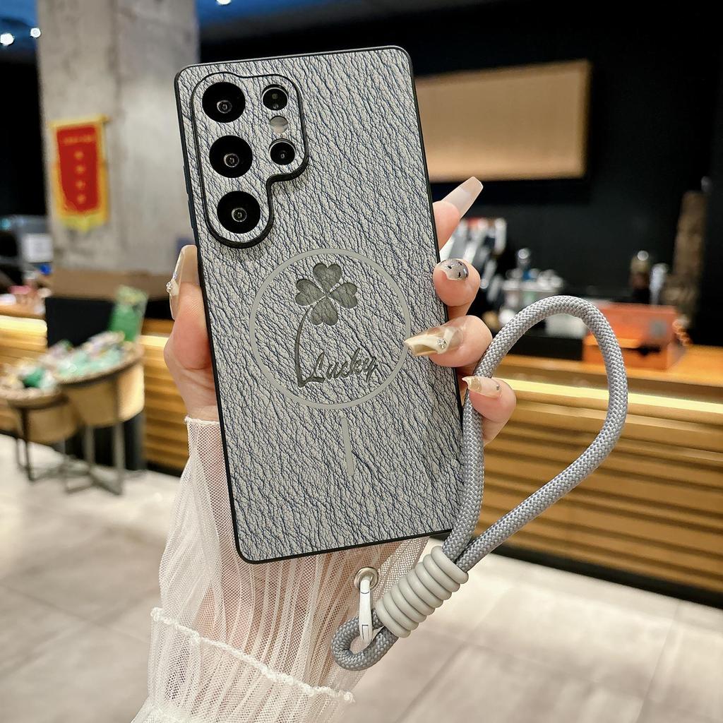 Samsung S25ULTRA Кожаный Магнитный Чехол-Книжка с Четырехлистником - Совместим с S24FE/S23p, Полное Покрытие, Защита от Падений.