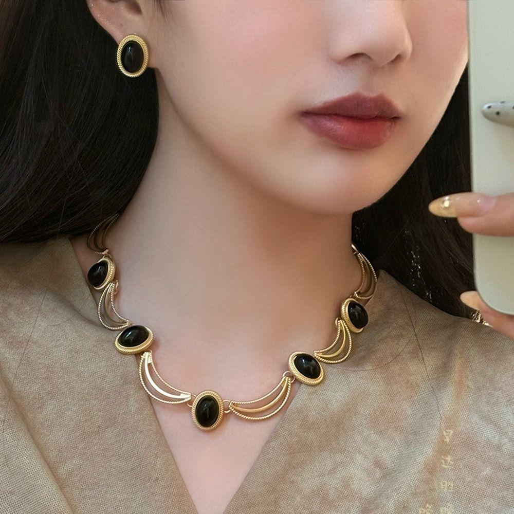 Korean Style Oval Earrings Black Gold Bridal Jewelry Sets Fashion Vintage Necklace Wedding
