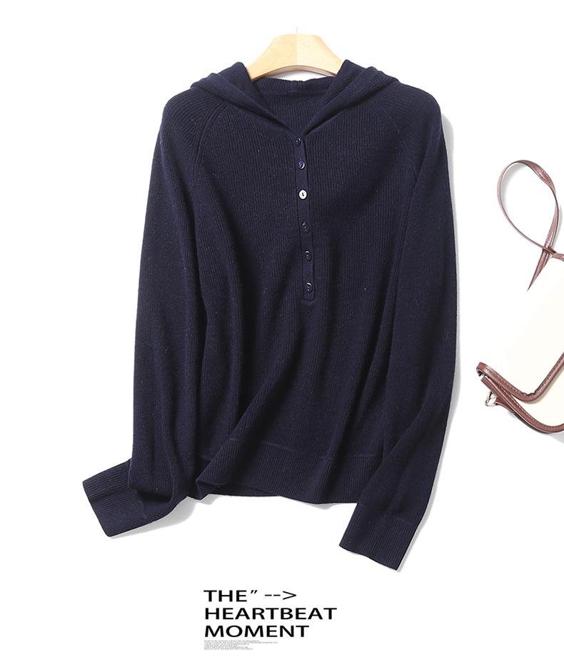 Women's Pure Wool Hooded Pullover Sweater - Loose Knit with Long Sleeves for Casual Autumn/Winter Wear