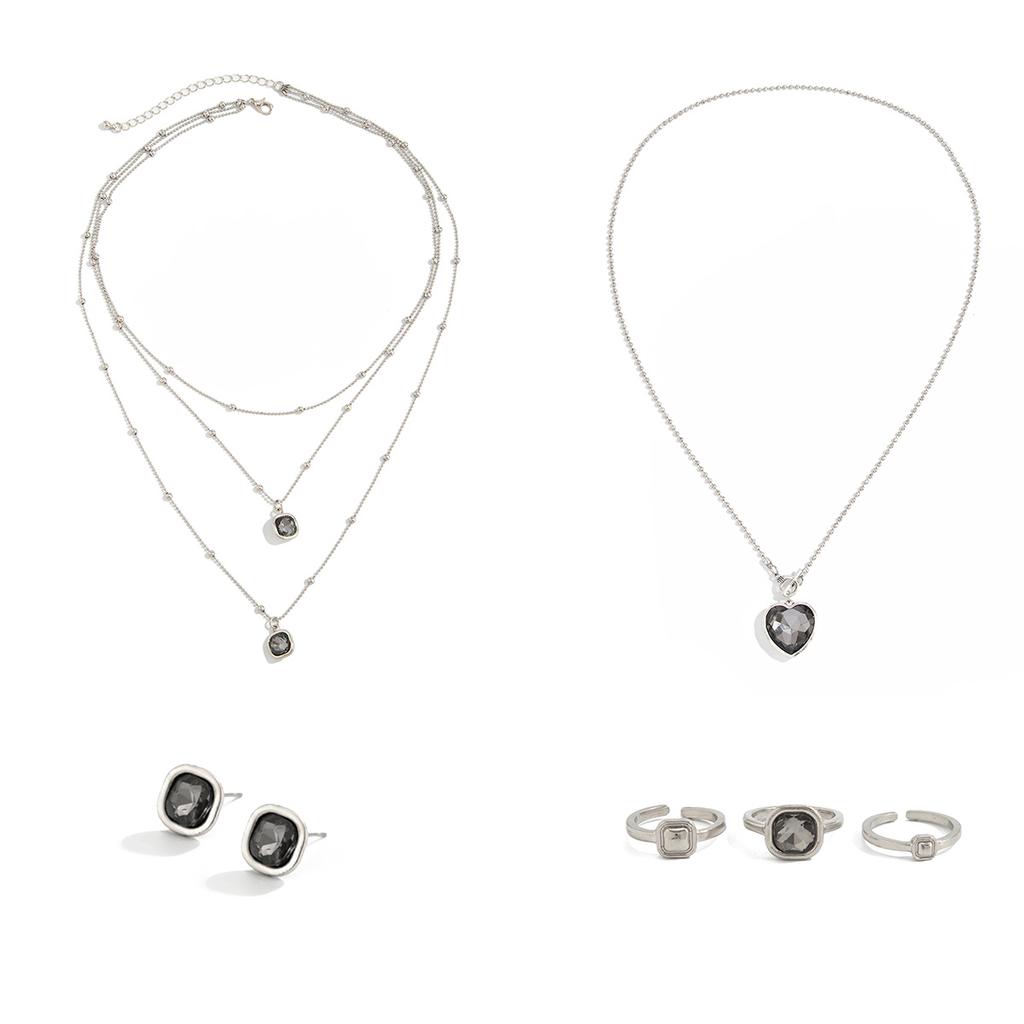SHIXIN Luxury Stackable Adjustable Necklace Earrings Open Ring Set For Women Minimalist Rhinestones Geometry Pendant Jewelry Set