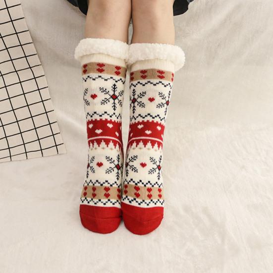 1 Pair Winter Floor Socks Thickened Fuzzy Plush Warmth Retention Christmas Elk Snowflake Print Leg Warmer Silicone Bottom Fall Winter Floor Socks