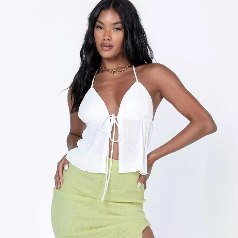 Женский летний топ с глубоким вырезом и V-образным вырезом, сексуальный топ-майка с открытой спиной