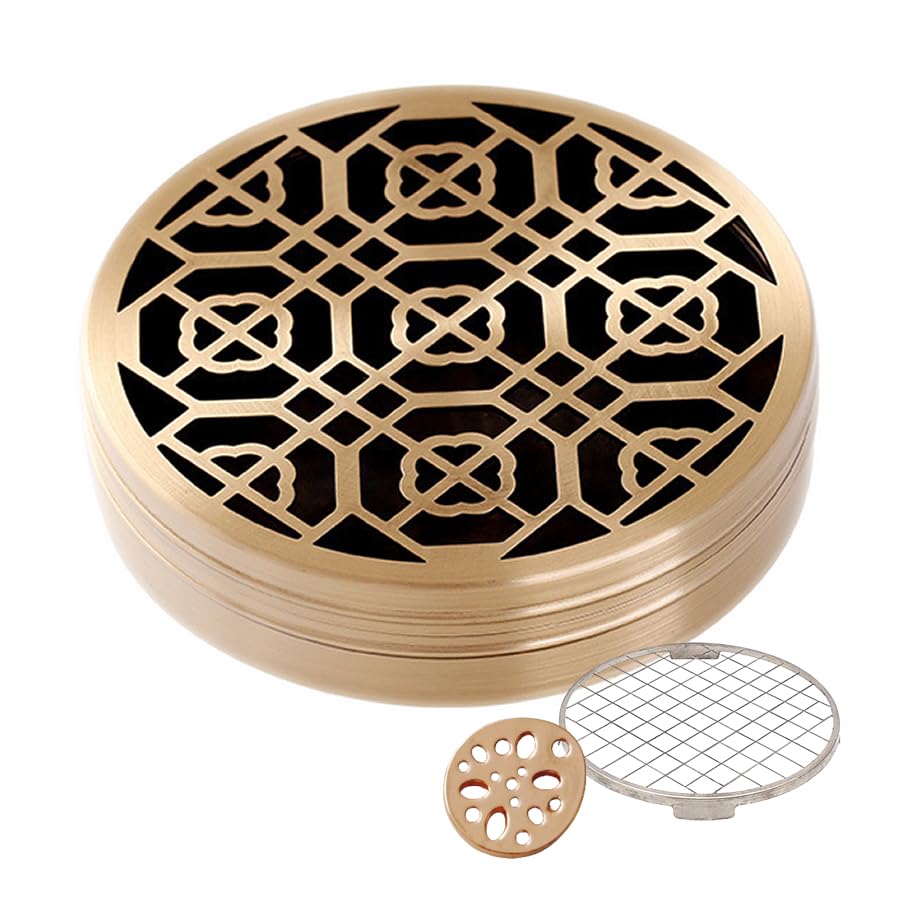 Stylish Brass Incense Burner with Lid, Buddhist Altar Decor, Openwork Design, Holds Incense Cones, Sticks, and Swirls, Copper, Auspicious Ornament