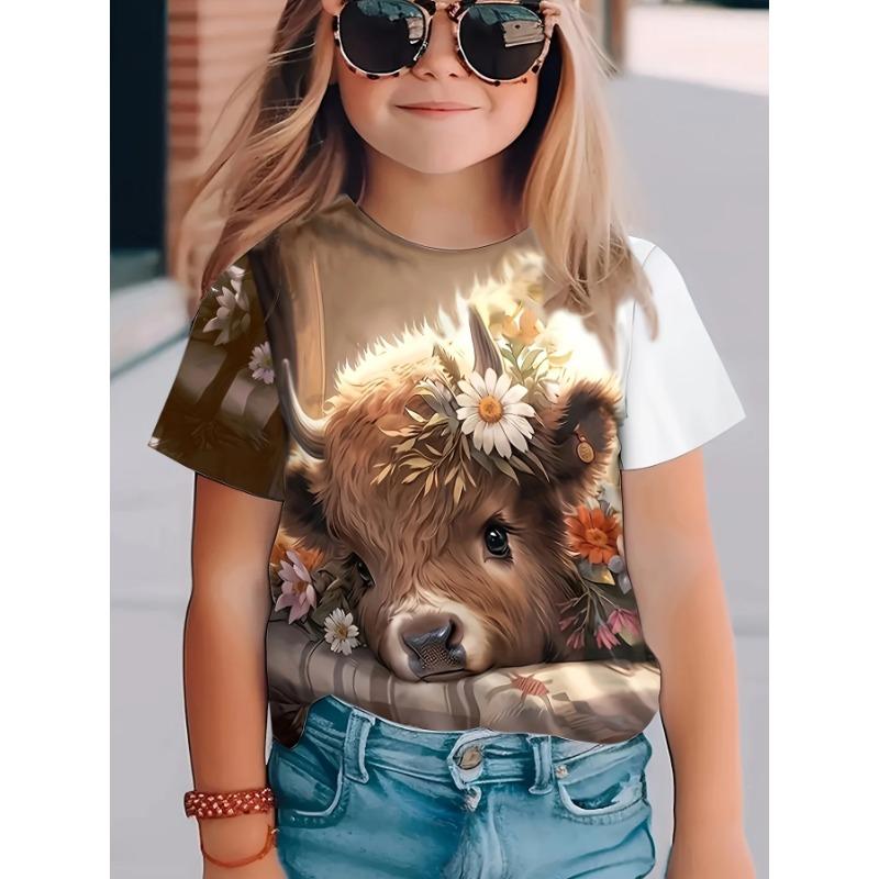 Детская футболка для девочек, летняя, с милым 3D-принтом, с круглым вырезом и короткими рукавами