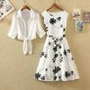 Elegant Suit Two-piece Dress High Waist Sleeveless Slim A-line Skirt Floral Embroidery White Top Bow Belt Vintage WOMEN
